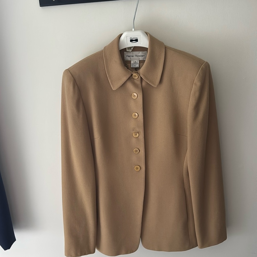 Tan, size 8 blazer. Sits just below hips